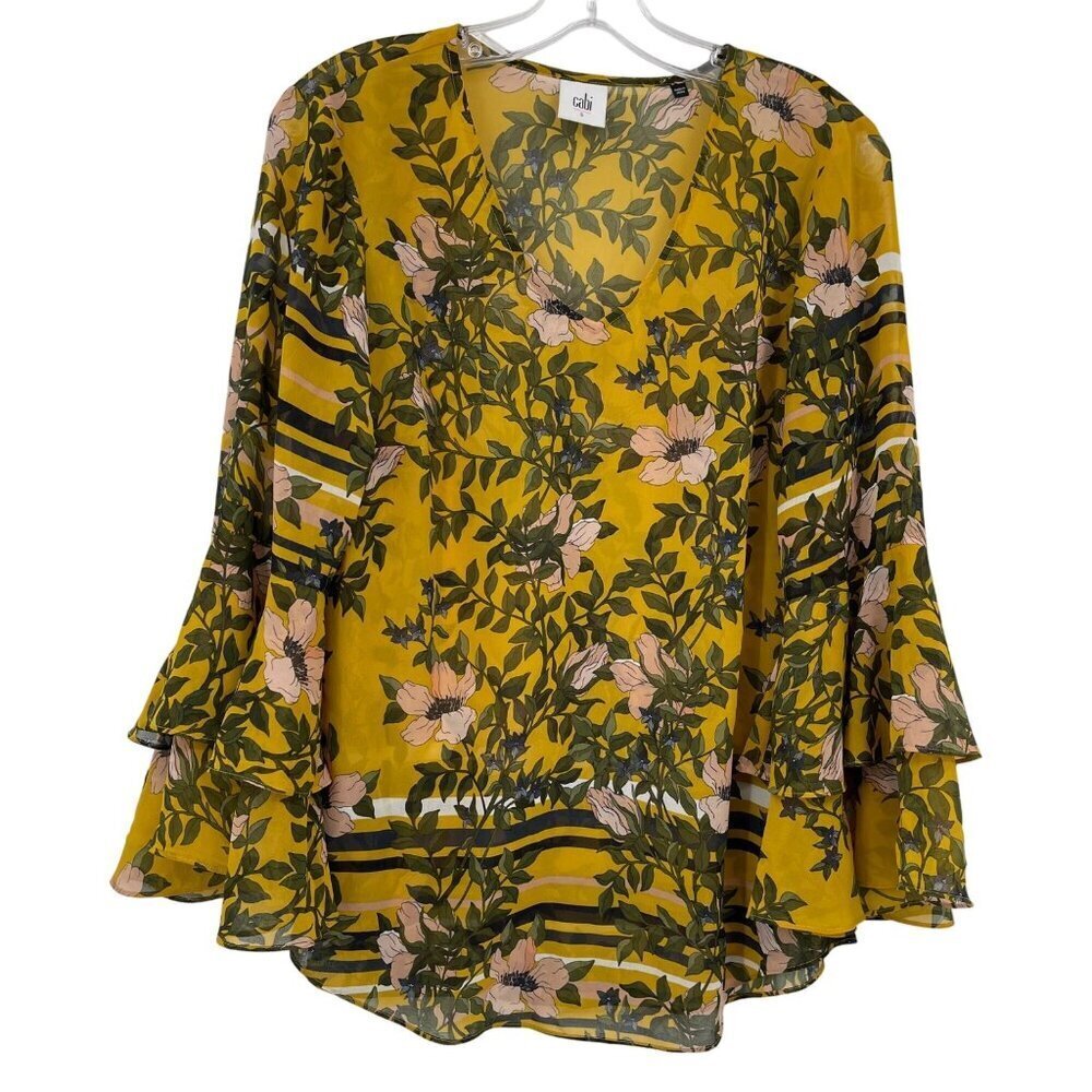 Cabi Spring Scene Yellow Floral‎ Bell Sleeve Sheer Blouse Top Women's S 5518